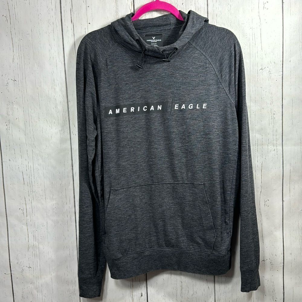 American Eagle Outfitters Mens Gray Lightweight Logo Pockets Pullover Hooded